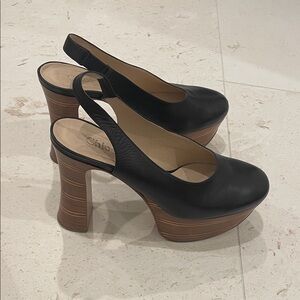 Chloé black leather slingback pumps with stacked wooden heel